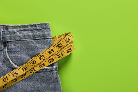 Jeans and measuring tape on green background, top view with space for text. weight loss conceptの写真素材