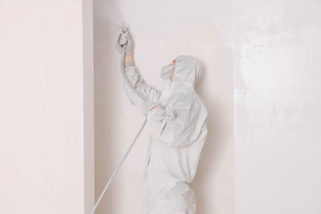 Decorator in uniform painting wall with sprayer indoorsの写真素材