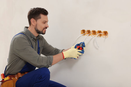 Electrician in uniform with pliers repairing power socket indoors