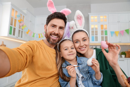 Happy family making selfie while painting Easter eggs in kitchenの写真素材