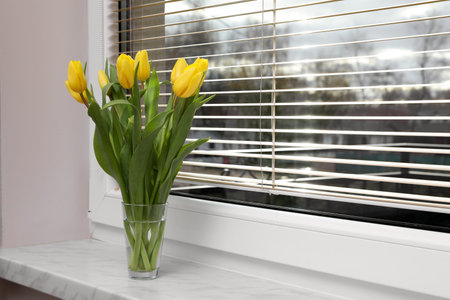 Wonderful tulips on window sill indoors, space for text. spring atmosphereの写真素材