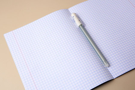 Copybook with erasable pen on gray background