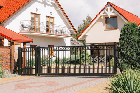 Closed metal gates near beautiful houses outdoors