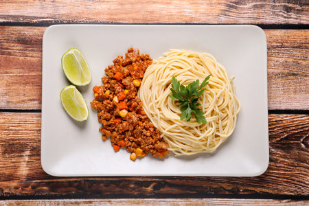 Tasty dish with fried minced meat, spaghetti, carrot and corn served on wooden table, top viewの写真素材