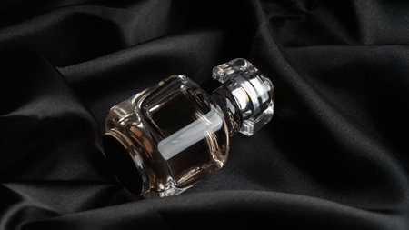 Luxury bottle of perfume on black silk, closeup