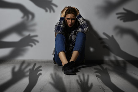 Paranoid delusion. Scared woman sitting near wall. Shadows of hands reaching for her symbolizing...