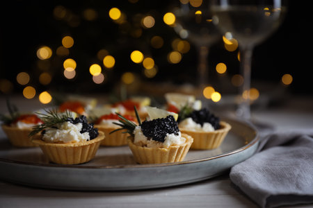 Delicious tartlets with red and black caviar served on white wooden table against blurred festive lights, closeup. Space for textの写真素材