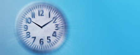 Fleeting time concept. Clock on light blue background, motion effect. Banner design with space for textの写真素材