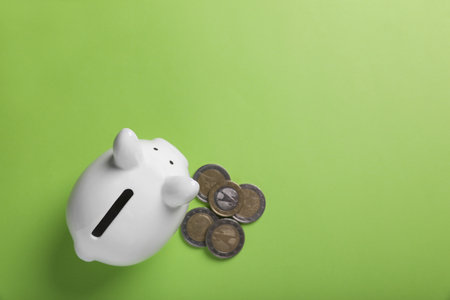 Ceramic piggy bank and coins on light green background, top view with space for text. financial...
