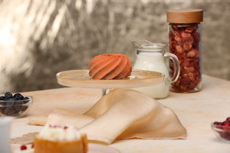 Beautiful composition of delicious desserts on beige table indoors. food stylist