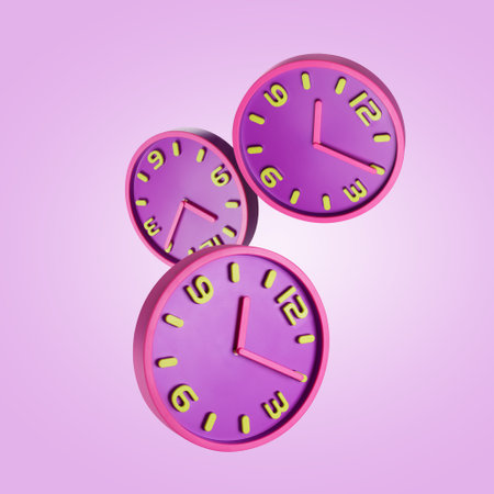 Stylish bright clock falling on pink backgroundの写真素材