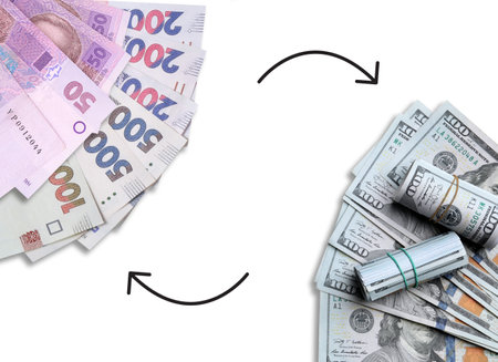 currency exchange. Semicircle arrows between American dollars and Ukrainian hryvnias on white...