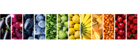 Collage with many different ripe fruits and vegetables on white backgroundの写真素材
