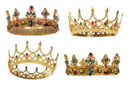 Collage of beautiful gold crowns with gems on white backgroundの写真素材