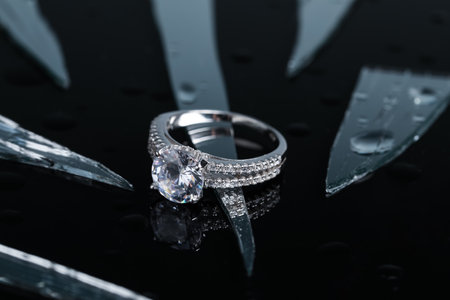 luxury jewelry. Stylish presentation of elegant ring on black mirror surface with broken glass,...