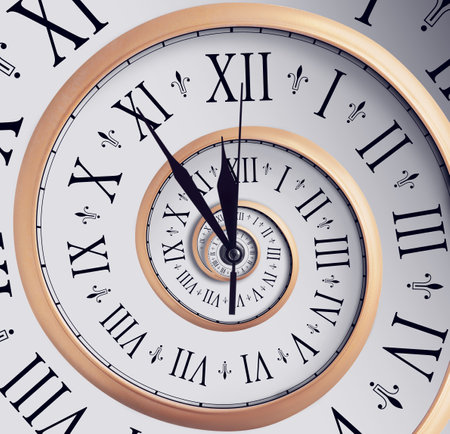 Infinity and other time related concepts. Clock hands and twisted hour numbers. spiral effect