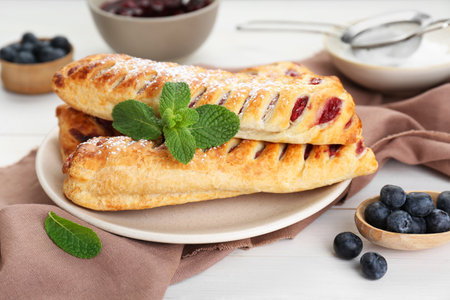 Fresh tasty puff pastry with sugar powder, mint and blueberries on white wooden table, closeupの写真素材