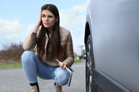 Worried young woman near car with punctured wheel on roadsideの写真素材