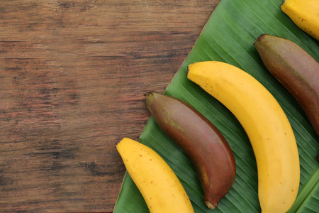 Different types of bananas and fresh leaf on wooden table, flat lay. Space for textの写真素材