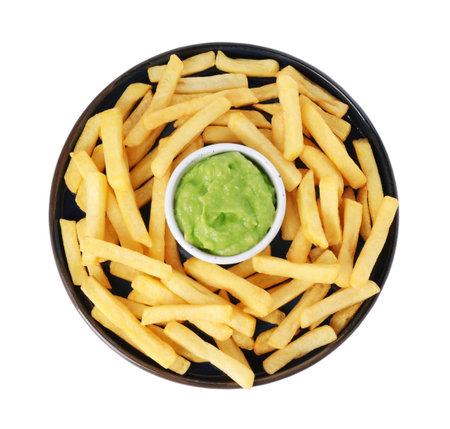 Plate with delicious french fries and avocado dip isolated on white, top viewの写真素材