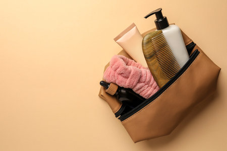 Preparation for spa. Compact toiletry bag with different cosmetic products on beige background, top view. Space for textの写真素材