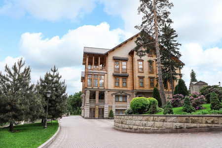 NOVI PETRIVTSI, UKRAINE - MAY 22, 2019: View of Honka club house in Mezhyhirya national park (estate of former president Viktor Yanukovych)のeditorial素材