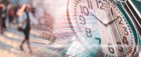 Time related concepts. Multiple exposure of clock, office buildings and people. banner designの写真素材