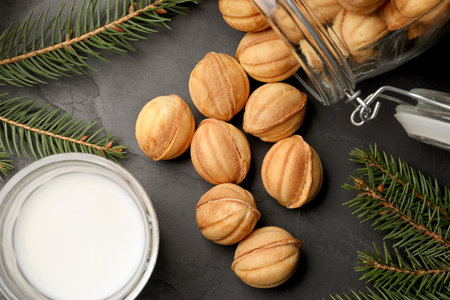 Homemade walnut shaped cookies, milk and fir branches on black table, flat lay