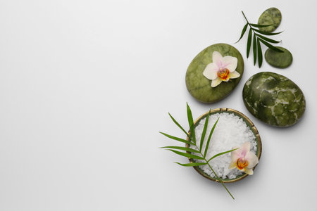 Flat lay composition with different spa products on white background. Space for textの写真素材
