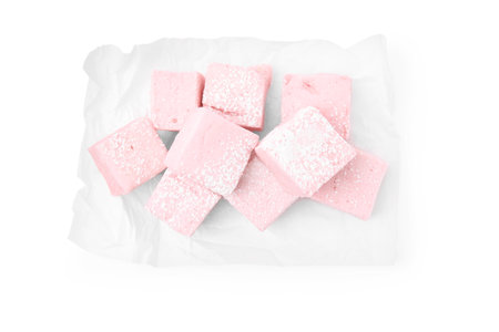 Delicious sweet marshmallows with powdered sugar isolated on white, top viewの写真素材