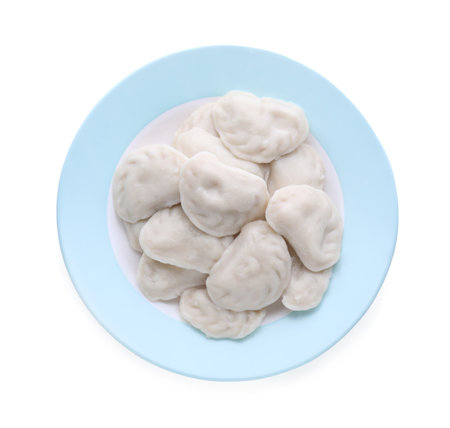 Plate with tasty dumplings (varenyky) on white background, top viewの写真素材
