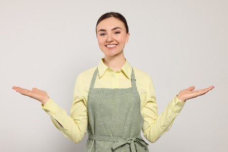 Beautiful young woman in clean apron with pattern on light gray backgroundの写真素材