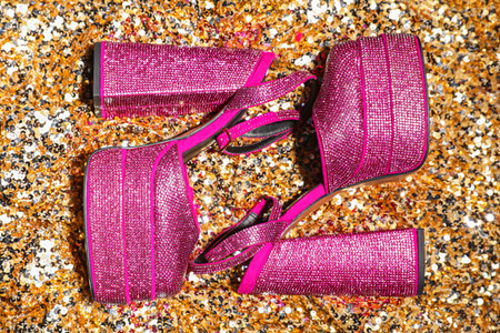 Fashionable punk square toe ankle strap pumps on golden sequins, top view. Shiny party platform high heeled shoesの写真素材
