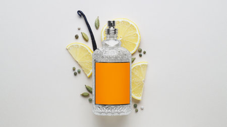 Bottle of perfume, lemon slices and cardamom on light gray background, top viewの写真素材