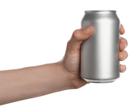 Woman holding aluminum can on white background, closeupの写真素材