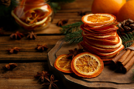 Dry orange slices, anise stars and cinnamon sticks on wooden table, space for textの写真素材