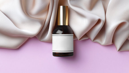 Luxurious bottle of perfume and beige silk on pink background, top viewの写真素材