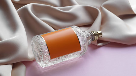 Luxurious bottle of perfume and beige silk on pink backgroundの写真素材