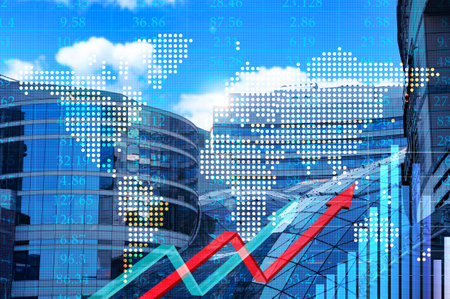 stock exchange concept. Modern buildings, world map, data and arrows, multiple exposure