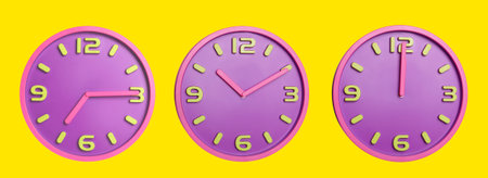 Stylish purple clock showing different time on yellow background, collage design