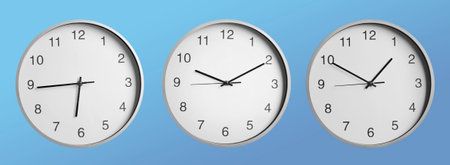 Stylish clock showing different time on light blue background, collage design