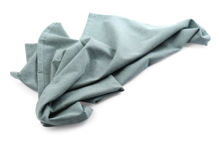 Crumpled light gray towel for kitchen isolated on whiteの写真素材
