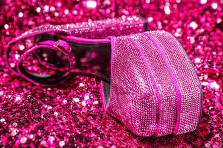 Fashionable punk square toe ankle strap pump on red sequins, closeup. Shiny party platform high heeled shoeの写真素材