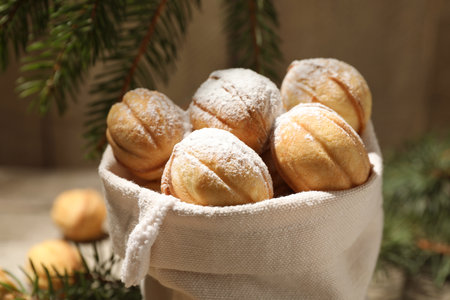 Delicious nut shaped cookies with powdered sugar in sack, closeupの写真素材