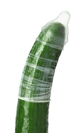 Cucumber with condom isolated on white. Safe sex conceptの写真素材