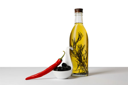 Bottle of cooking oil with rosemary, olives and chili pepper on white backgroundの写真素材