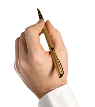 Man holding pen on white background, closeup of handの写真素材