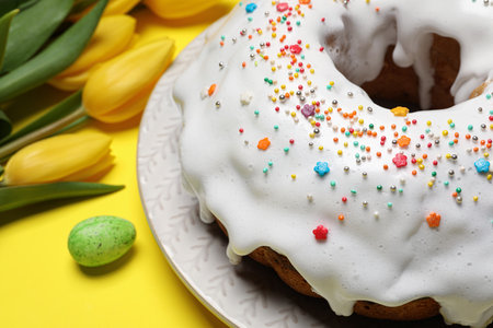 Easter cake with sprinkles and tulips on yellow background, closeup