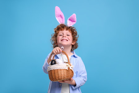 Portrait of happy boy in cute bunny ears headband holding wicker basket with Easter eggs on light blue backgroundの写真素材