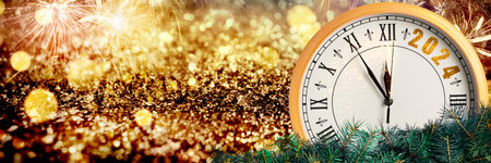 Counting last moments to New 2024 Year. Greeting card with clock, fir branches, golden glitter and...
